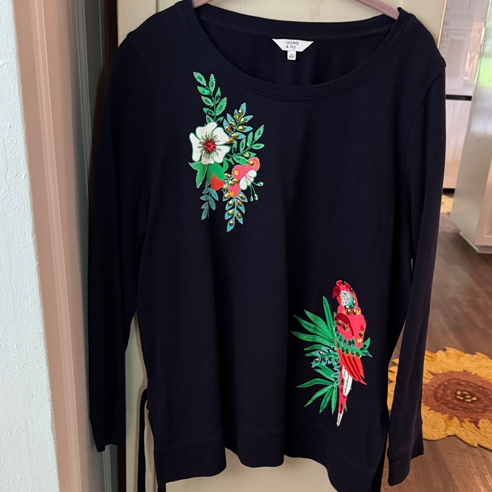 crown & ivy Navy Long-Sleeve Top with Embroidered Parrot & Floral Motifs